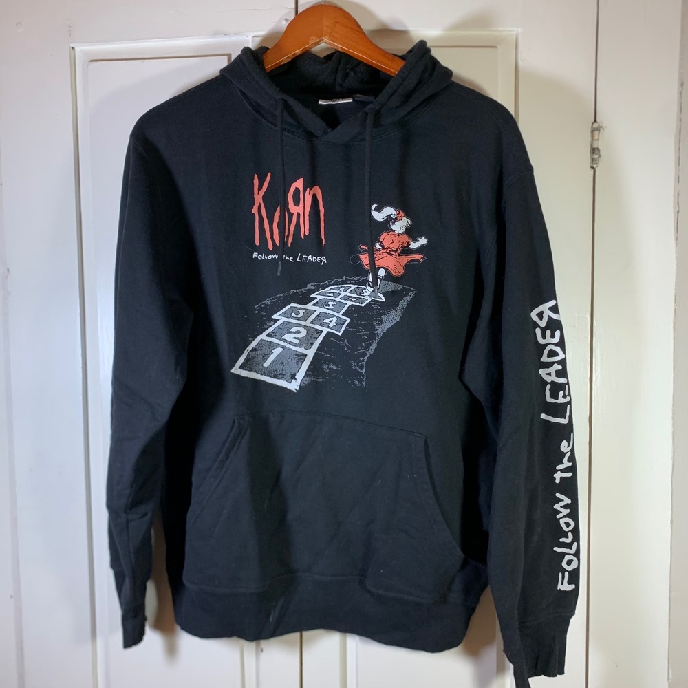 Korn Follow the Leader Mens Black Graphic Hoodie Pullover Size Medium Distressed